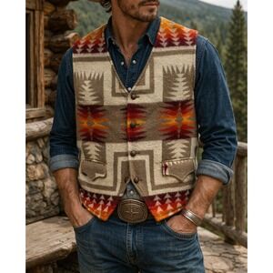 Pendleton Beaver State Mens Wool Vest Southwestern Geometric Tan Orange Red L